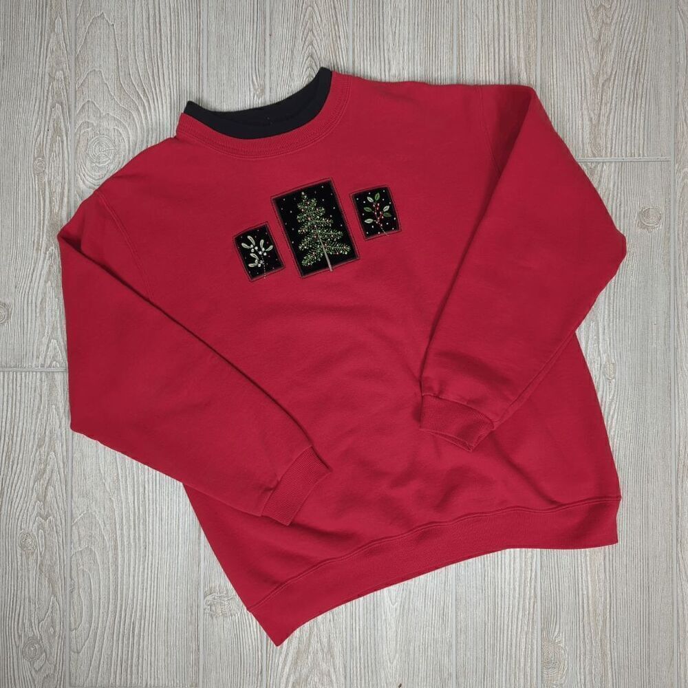 Top Stitch by Morning Sun Vintage Red Holiday Sweater Christmas Tree Women's Med